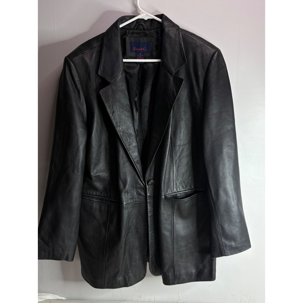 DENIM & CO Black Leather Blazer Jacket 1X Button Front Classic Style